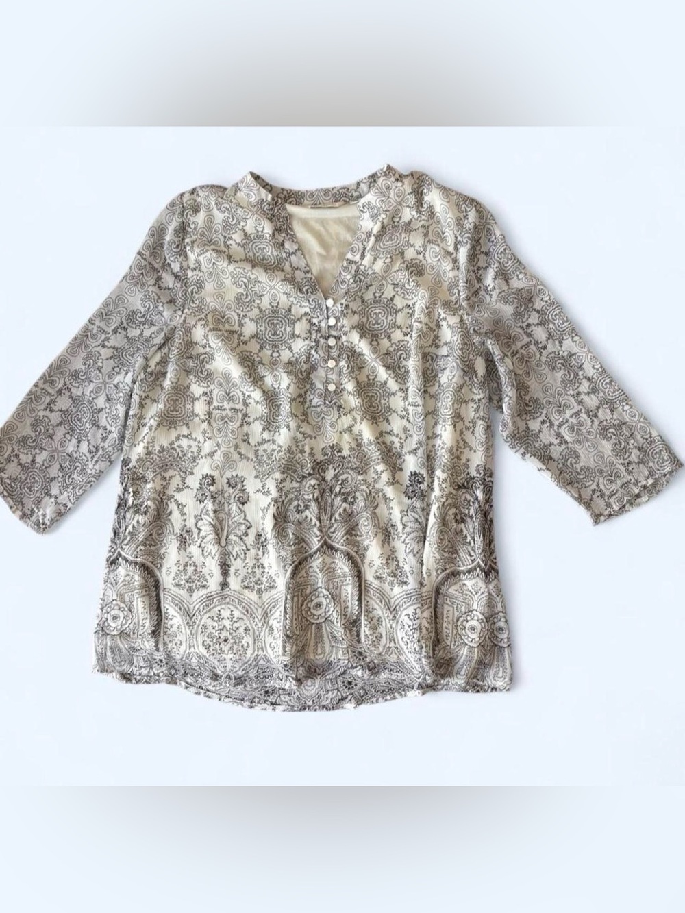 Liz Claiborne Cream and Brown Paisley Henley Tunic